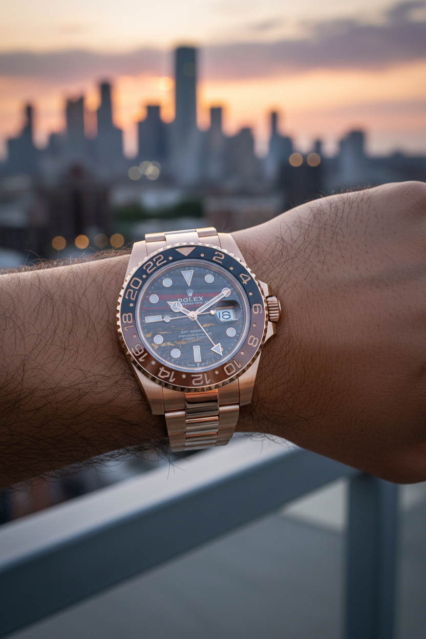 Rolex GMT-Master II on wrist at golden hour