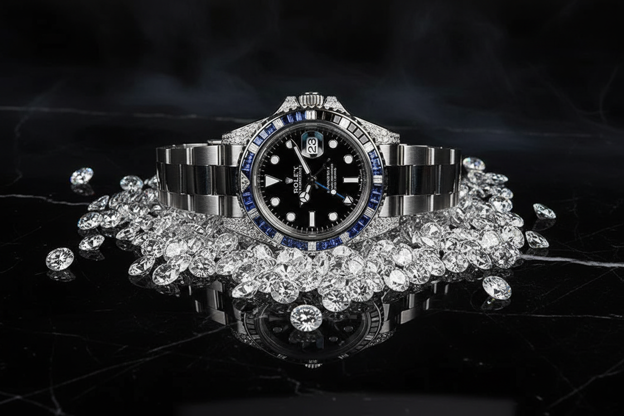 Rolex GMT-Master II on scattered loose diamonds