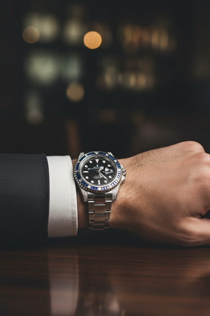 Rolex GMT-Master II iced out on wrist with dark suit