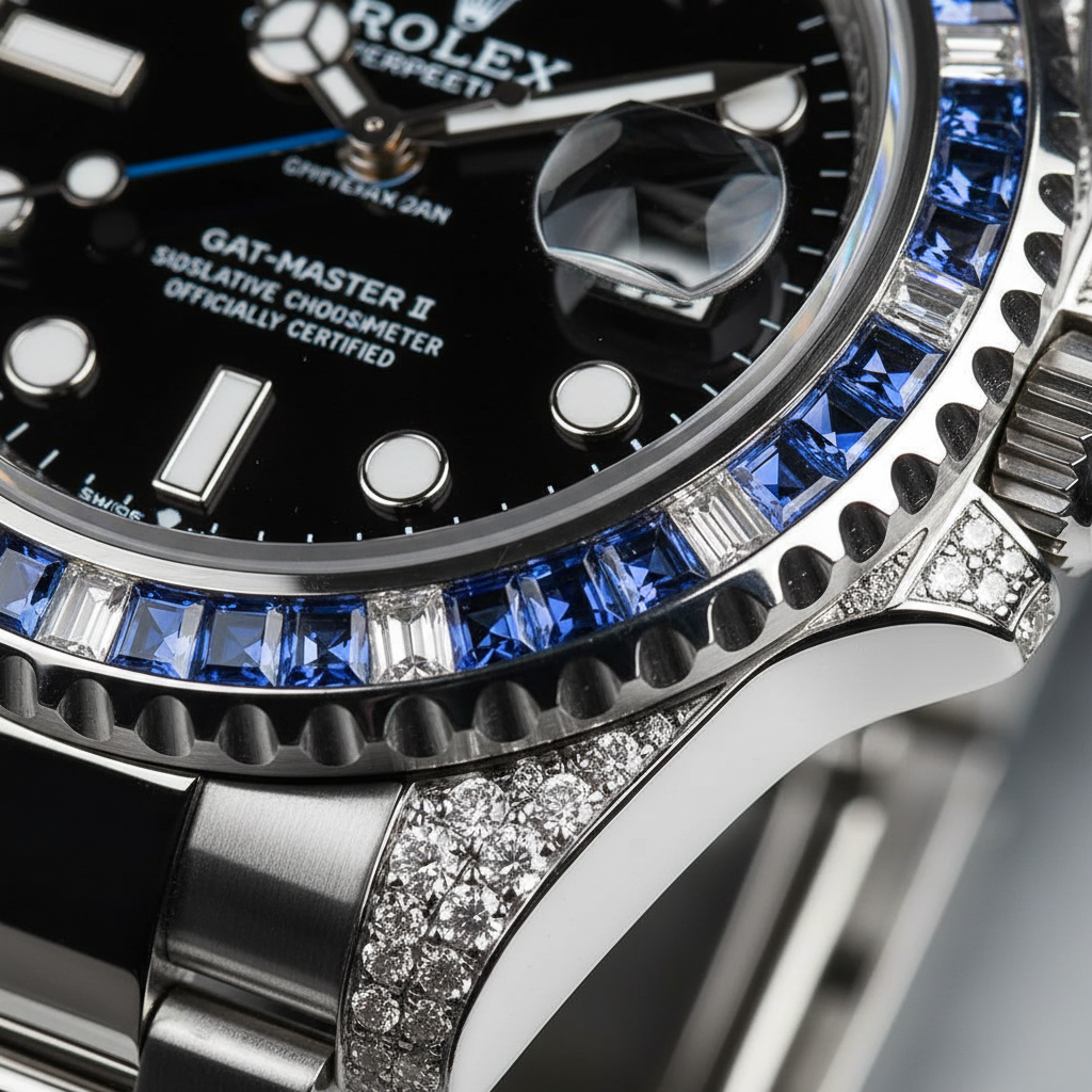Macro close-up of sapphire and diamond bezel