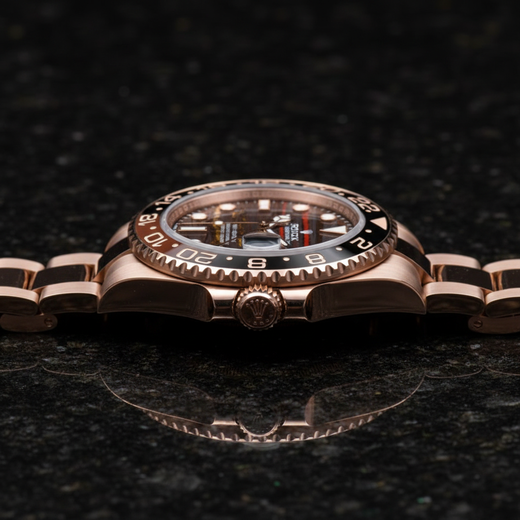 Rolex GMT-Master II side profile on black granite