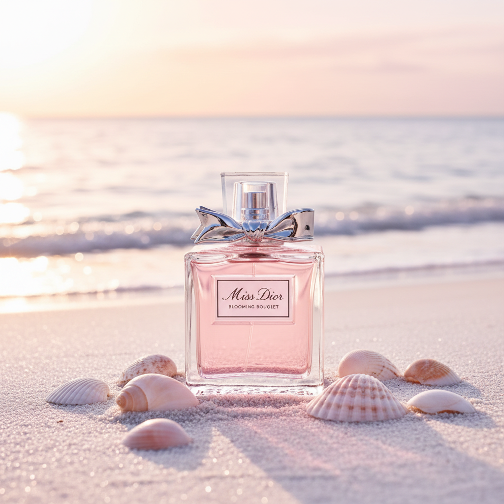 Miss Dior Blooming Bouquet on white sand beach with seashells