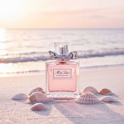 Miss Dior Blooming Bouquet on white sand beach with seashells