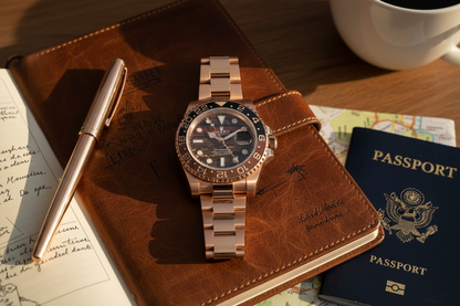 Rolex GMT-Master II travel lifestyle flat lay