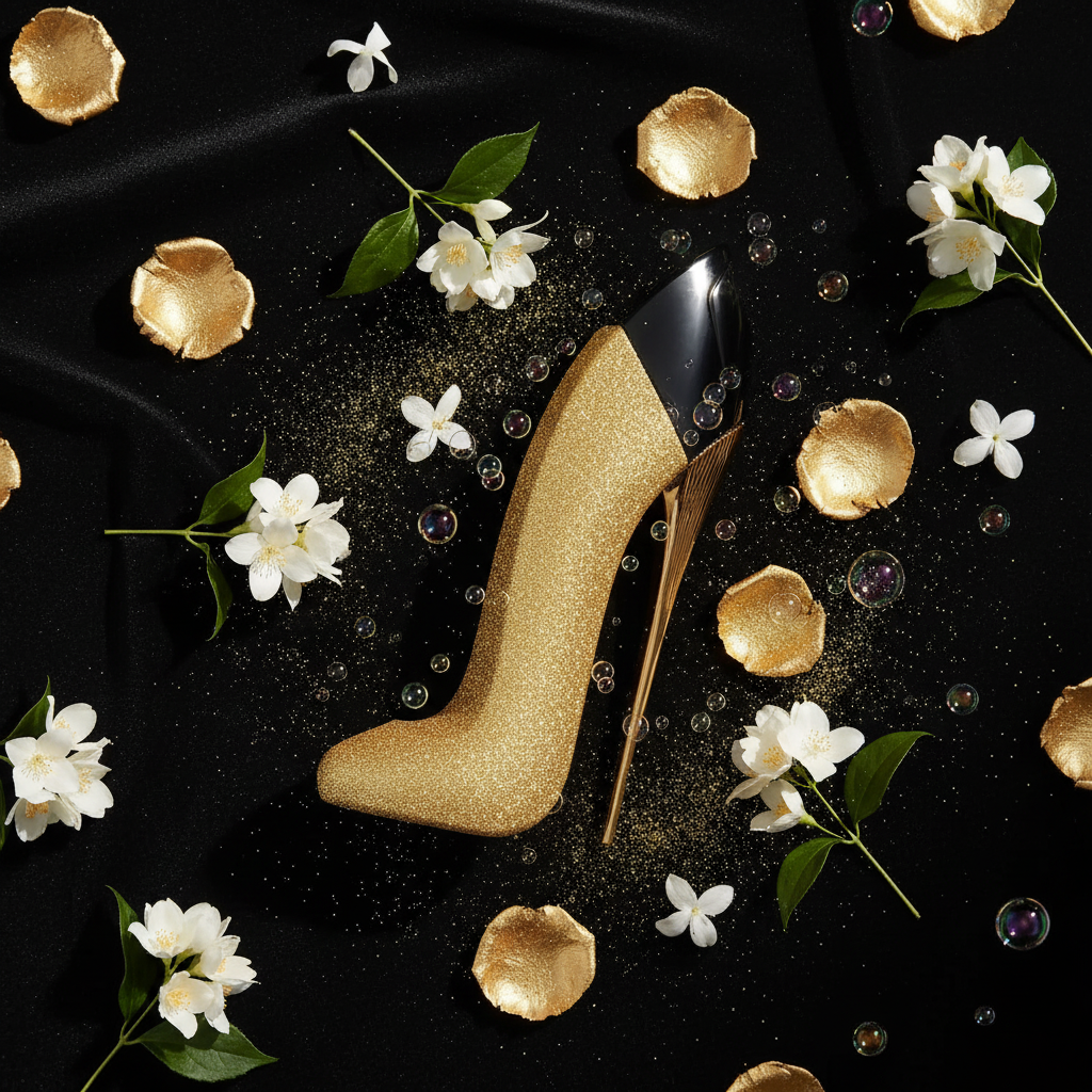 Good Girl Glorious Gold – Black Velvet Flat Lay