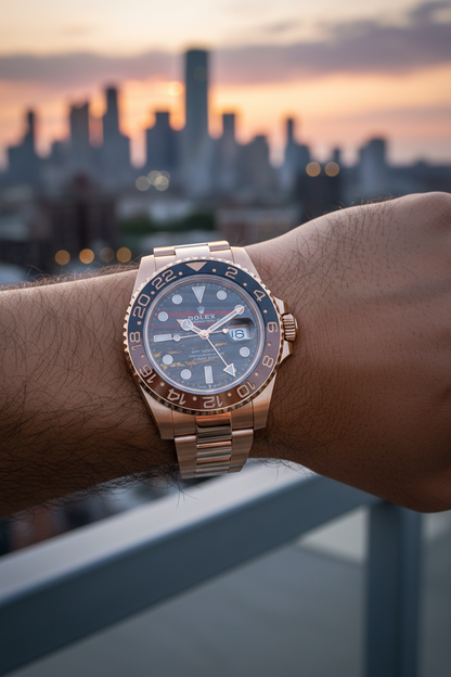 Rolex GMT-Master II on wrist at golden hour