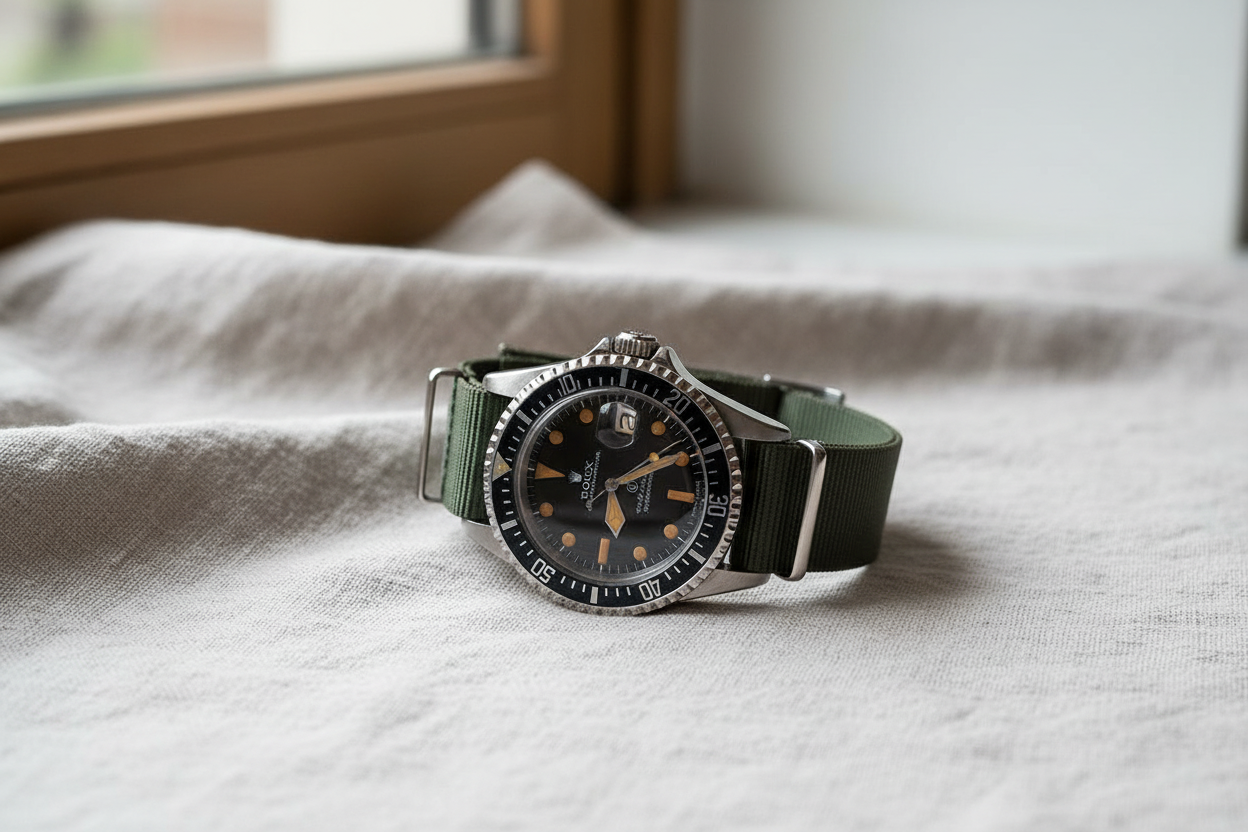 Rolex Submariner on linen flat lay