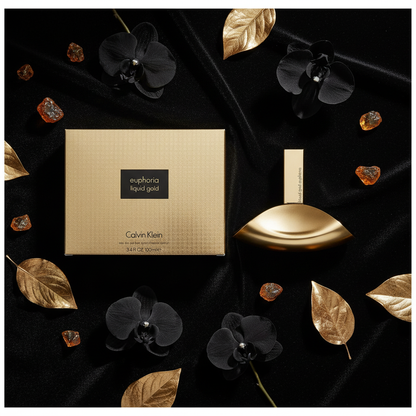 Euphoria Liquid Gold – Black Velvet Flat Lay