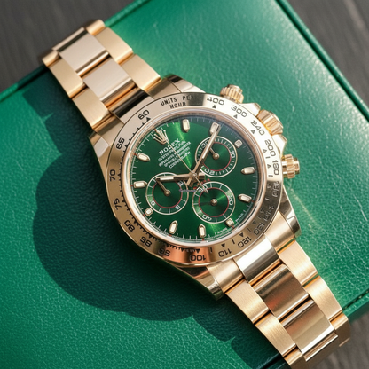 Rolex Daytona green dial on green leather surface