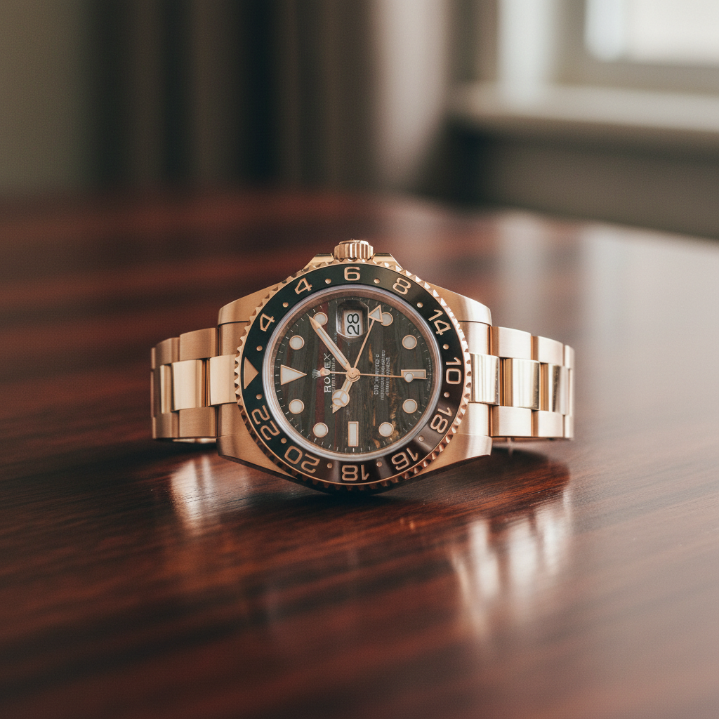 Rolex GMT-Master II rose gold on mahogany desk