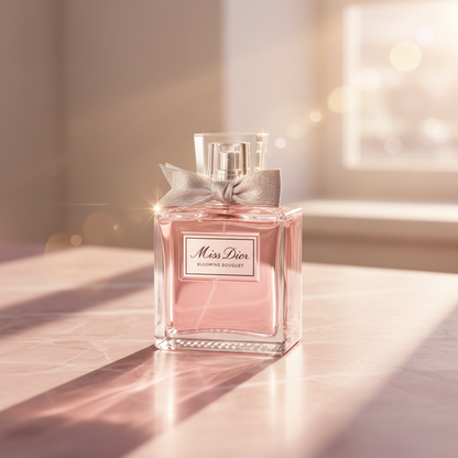 Miss Dior Blooming Bouquet on pink marble golden hour