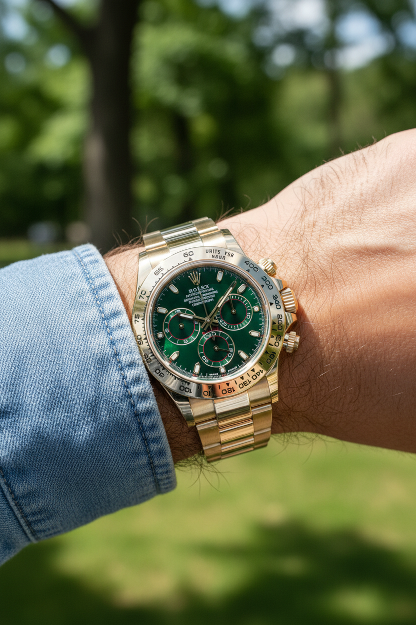 Rolex Daytona green dial on wrist outdoors