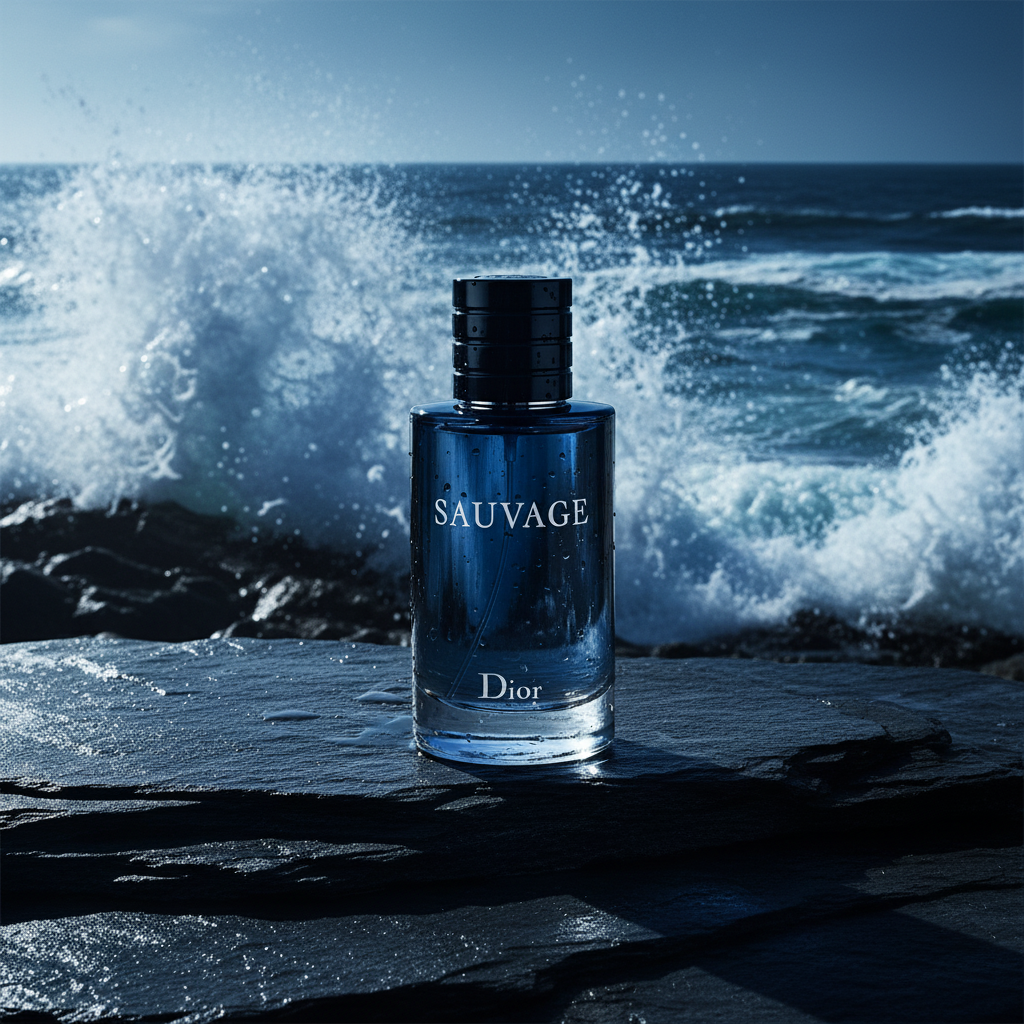 Dior Sauvage on dark slate rocks with ocean waves