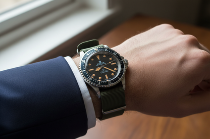 Rolex Submariner on wrist with suit