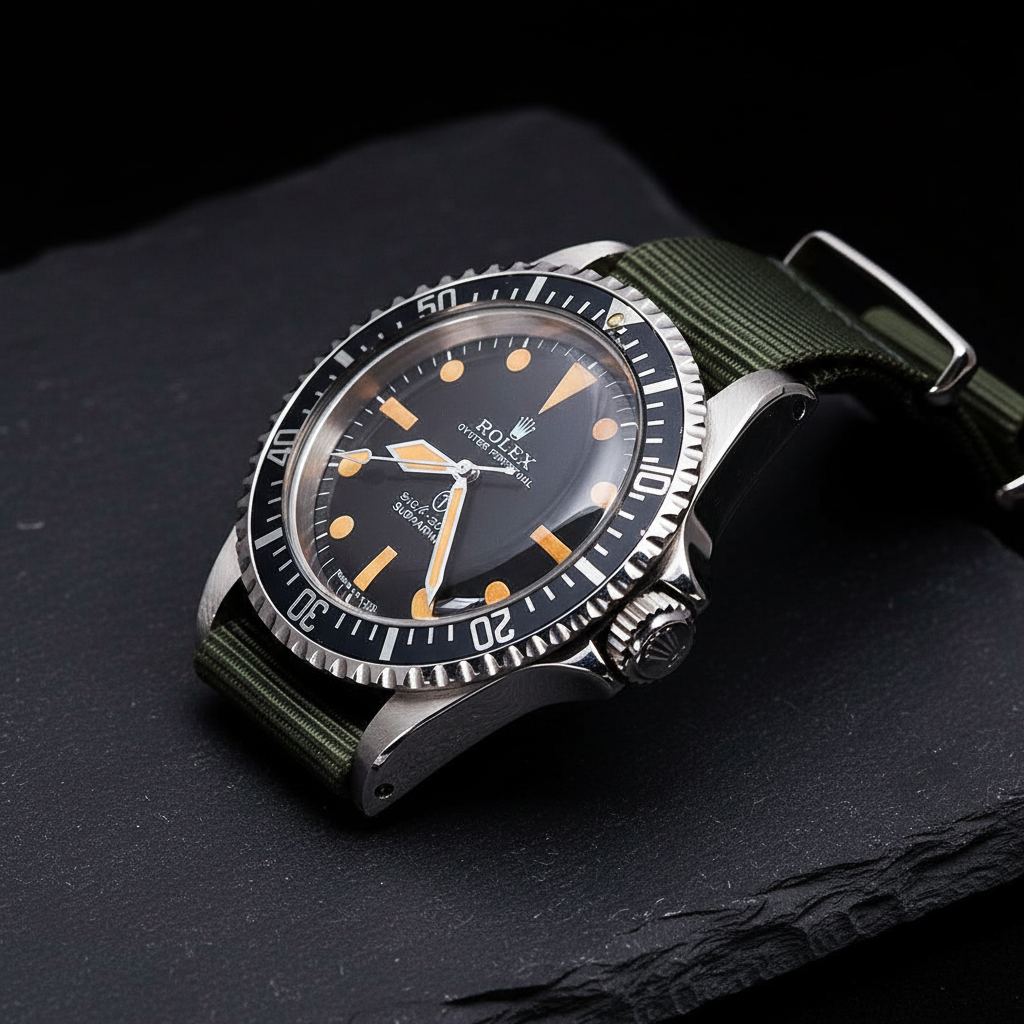 Rolex Submariner side profile on slate