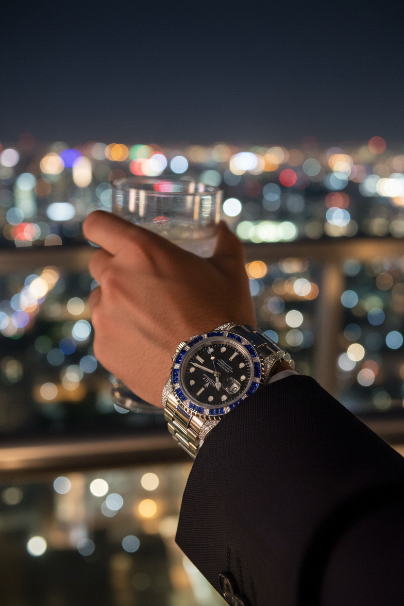 Rolex GMT-Master II on wrist at luxury rooftop event