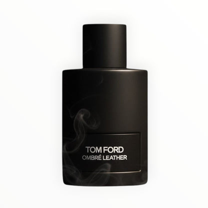Tom Ford Ombré Leather Eau de Parfum in a matte black bottle with a black cap. Smoky accents.